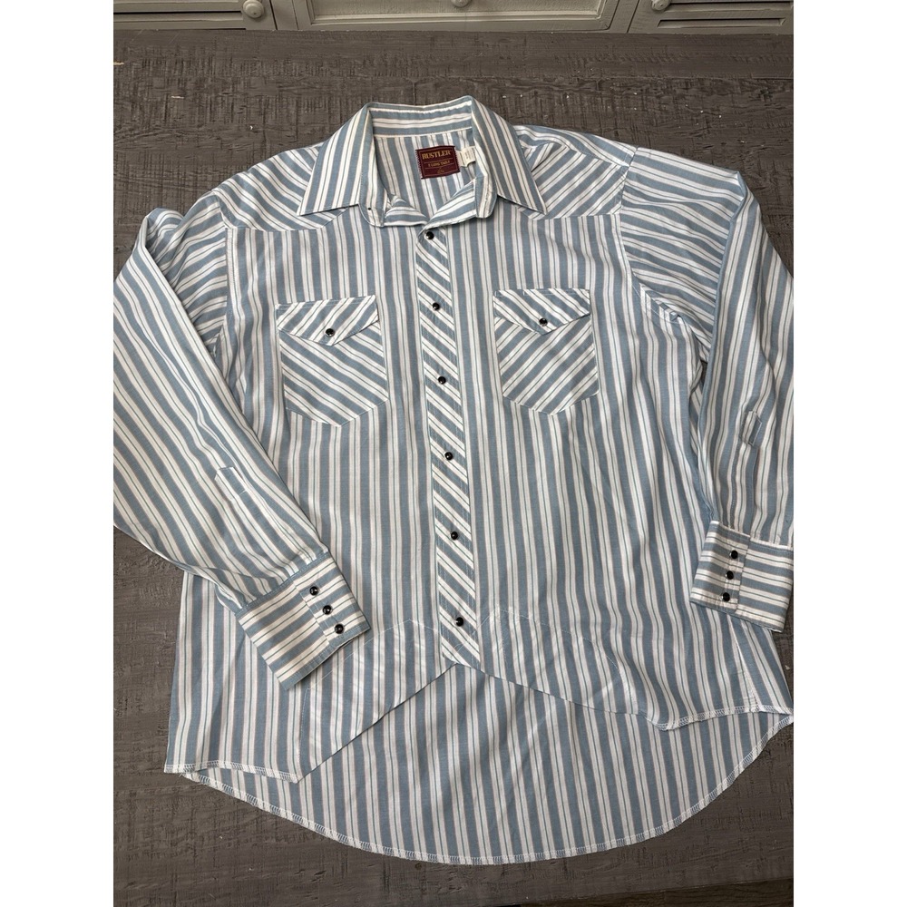 VTG Rustler Western Shirt Men 17 34/35 X-Long Tails‎ Striped Snap Button Cowboy